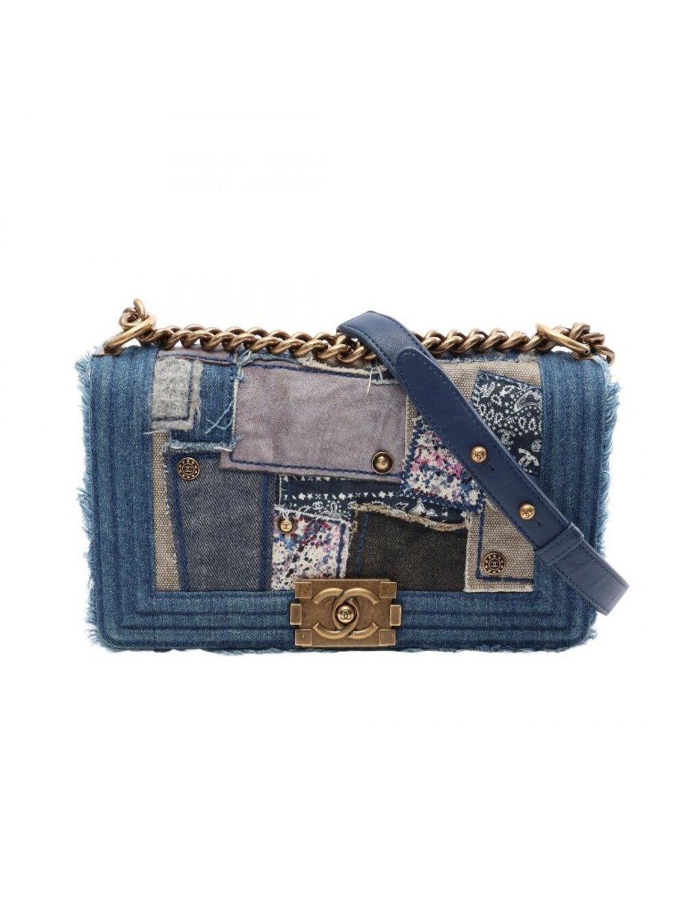 Chanel Shoulder Bag Boy Patchwork Denim Blue Chain